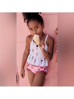 Pink Chicken Girls Ice Cream Tankini Set in White & Pink
